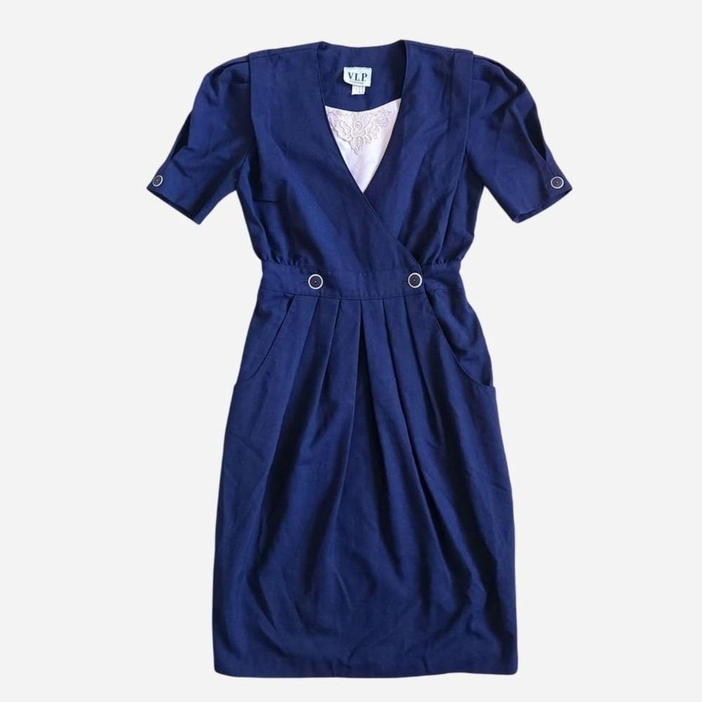 VTG VLP Petites Navy Dress with Pink Embroidered Insert Union Made